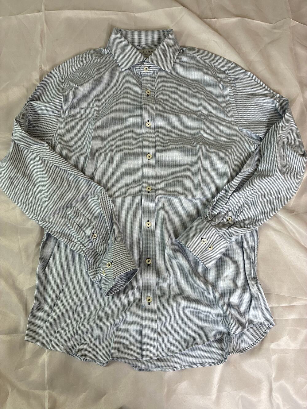 Twillory Mens 16 34/35 Non-Iron Dress Shirt Blue White Micro Print Tailored Fit